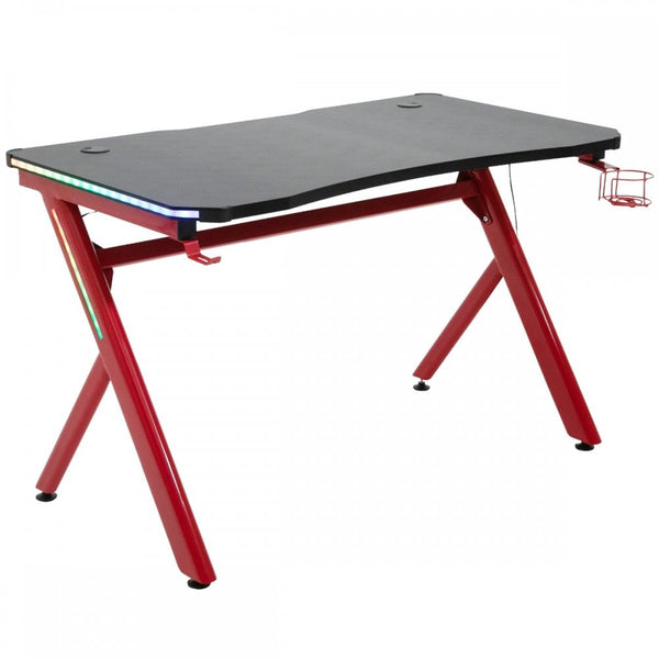 Steel Frame LED Gaming Desk Workstations for Home and Office w/ Headphone & Drink Holder Black