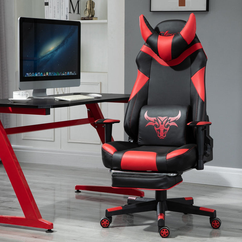 Vinsetto PU Leather Gaming Office Chair Bull Horn Headrest Gaming Chair w/ Retractable Footrest Red