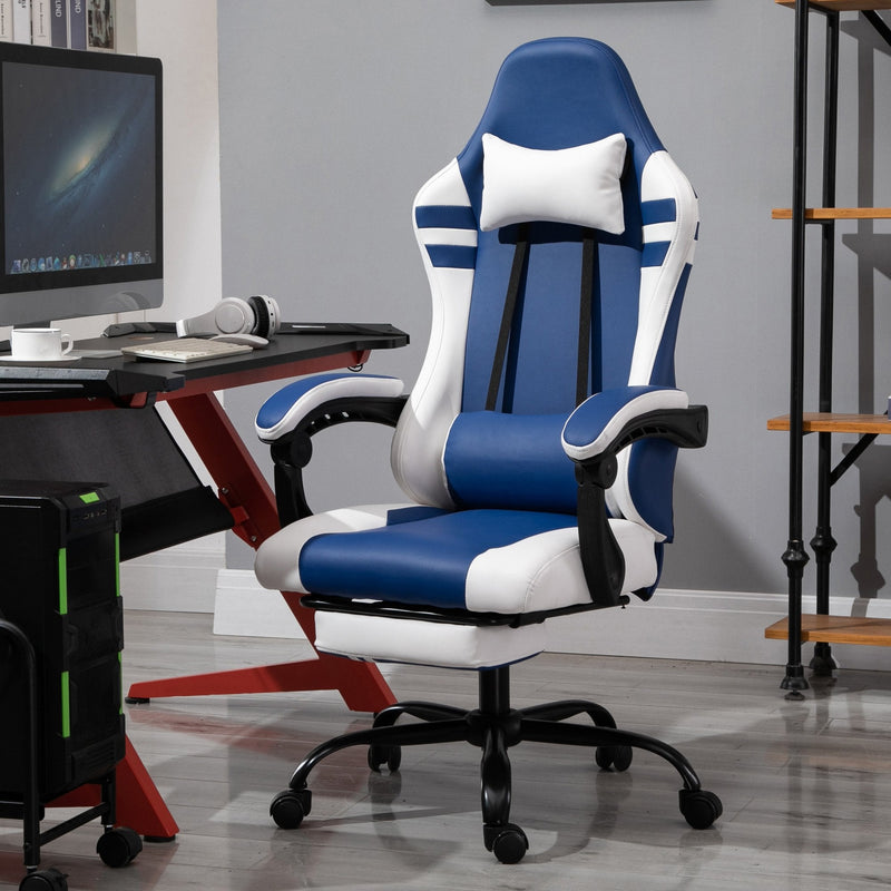 Vinsetto PU Leather Gaming Office Chair Ergonomic Reclining Gaming Chair w/ Retractable Footrest Blue/White