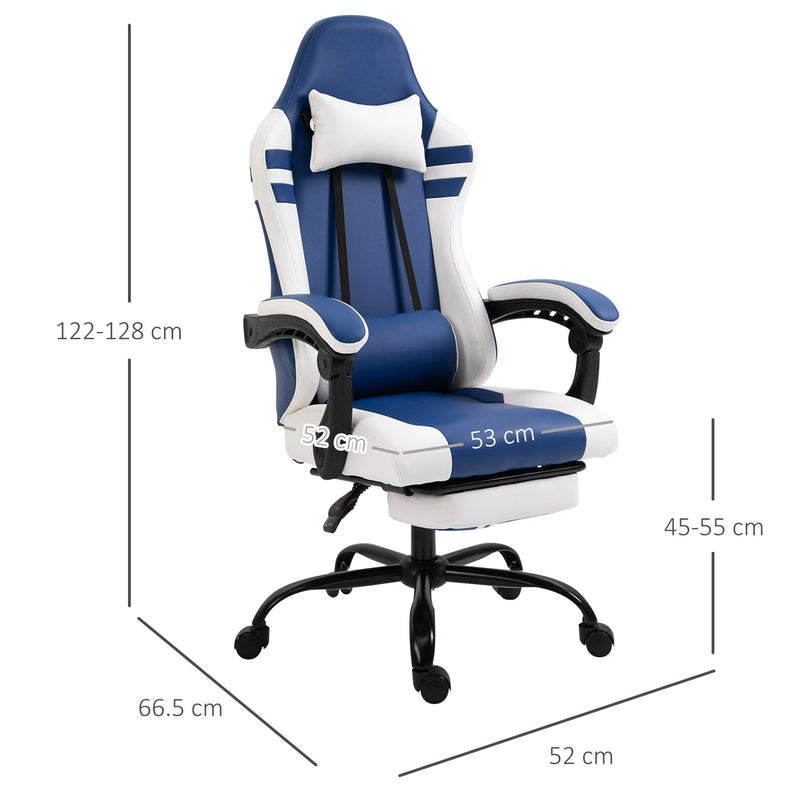 Vinsetto PU Leather Gaming Office Chair Ergonomic Reclining Gaming Chair w/ Retractable Footrest Blue/White