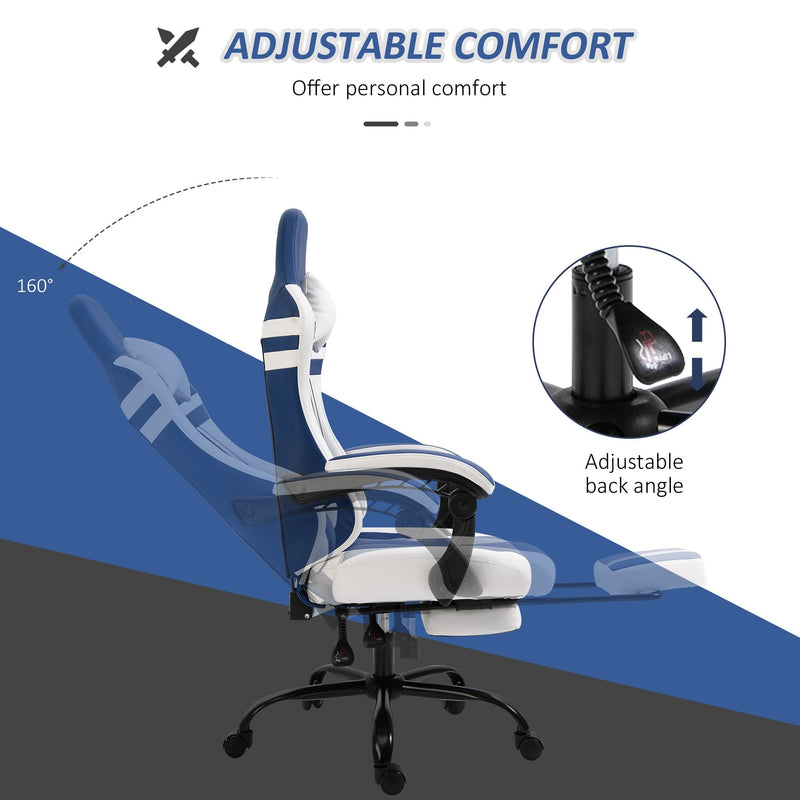 Vinsetto PU Leather Gaming Office Chair Ergonomic Reclining Gaming Chair w/ Retractable Footrest Blue/White