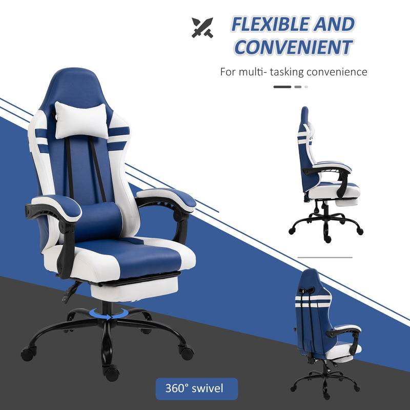 Vinsetto PU Leather Gaming Office Chair Ergonomic Reclining Gaming Chair w/ Retractable Footrest Blue/White