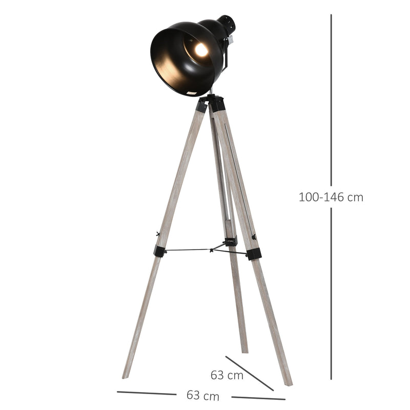 HOMCOM Pine Wood Height Adjustable Freestanding Tripod Floor Lamp Black