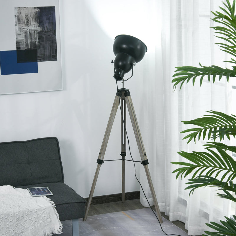 HOMCOM Pine Wood Height Adjustable Freestanding Tripod Floor Lamp Black