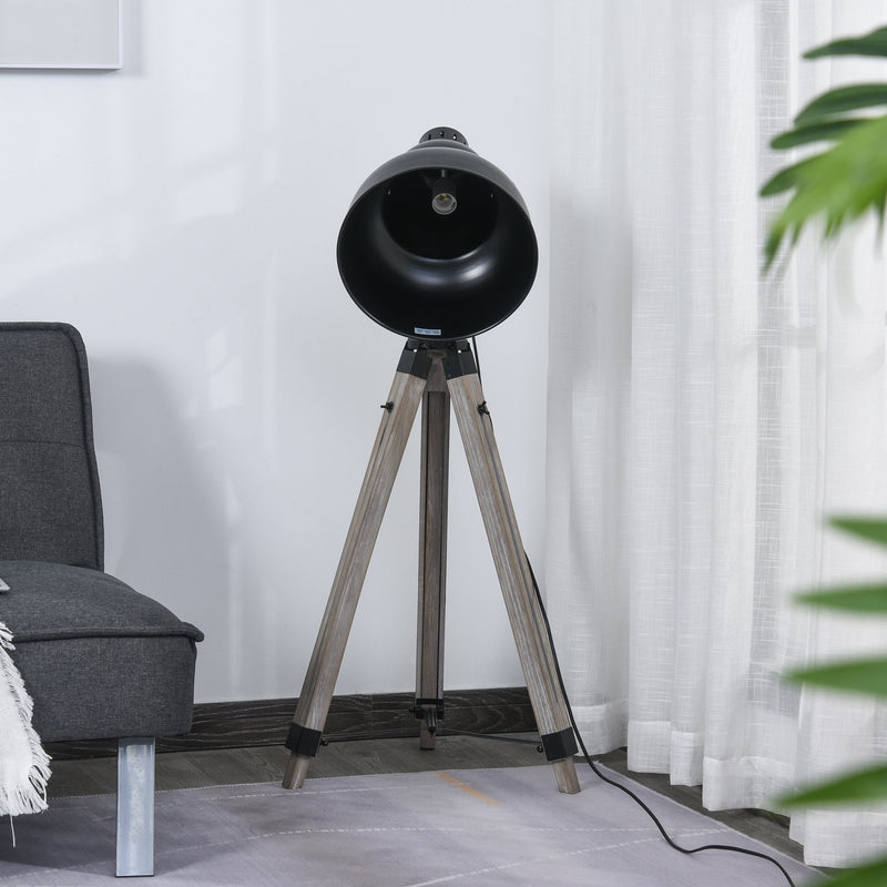 HOMCOM Pine Wood Height Adjustable Freestanding Tripod Floor Lamp Black