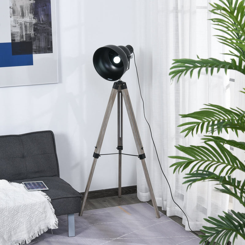 HOMCOM Pine Wood Height Adjustable Freestanding Tripod Floor Lamp Black