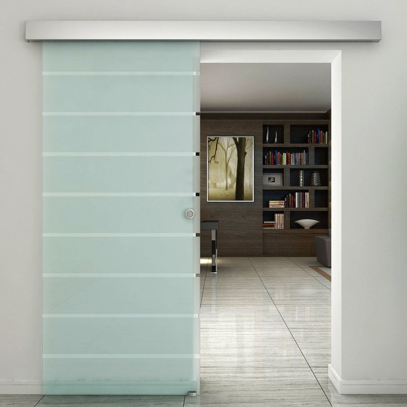 Tempered Glass Sliding Barn Door Kit Aluminum-alloy Rail W/Handle-Frosted Glass W/ Stripes
