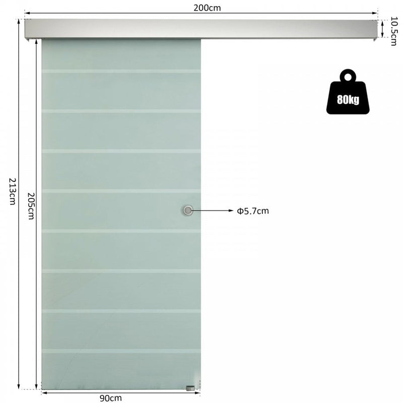 Tempered Glass Sliding Barn Door Kit Aluminum-alloy Rail W/Handle-Frosted Glass W/ Stripes