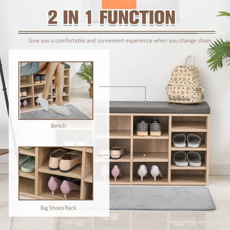 HOMCOM 14 Shelf Shoe Storage Unit with Cushion Top Wood Effect