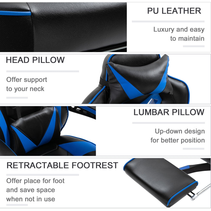 Vinsetto PU Leather Retractable Footrest Gaming Chair w/ Pillows Blue/Black