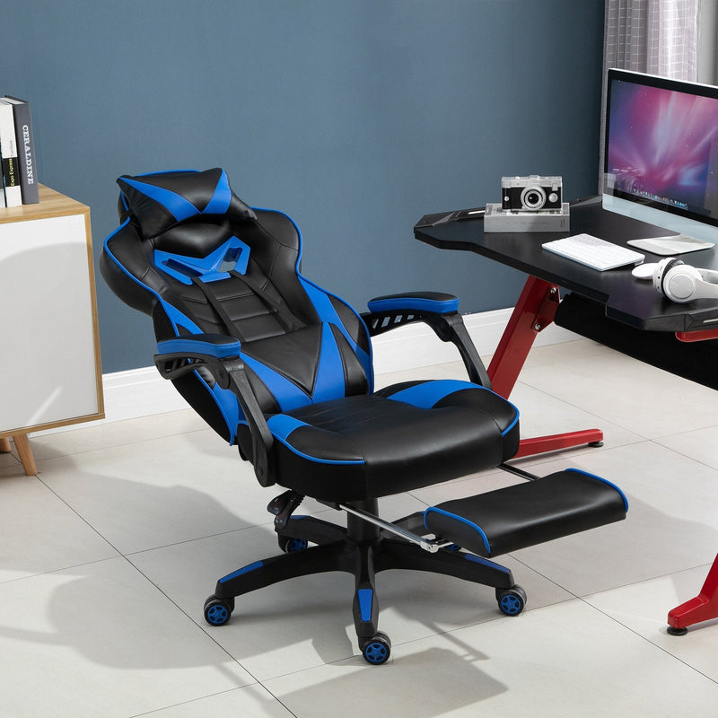 Vinsetto PU Leather Retractable Footrest Gaming Chair w/ Pillows Blue/Black