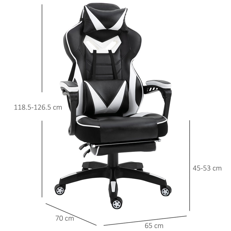 Vinsetto PU Leather Ergonomic Racing Gaming Office Chair Retractable Footrest Gaming Chair w/ Pillows Wheels Headrest Home Office White/Black