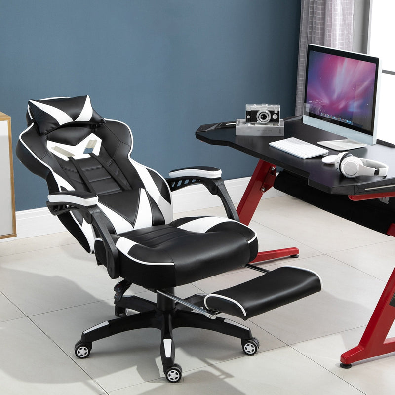 Vinsetto PU Leather Ergonomic Racing Gaming Office Chair Retractable Footrest Gaming Chair w/ Pillows Wheels Headrest Home Office White/Black