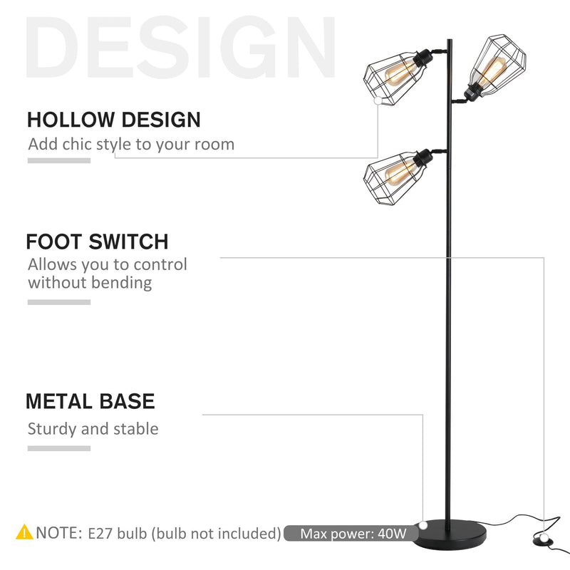 HOMCOM Steel Tri-Head Floor Lamp Black