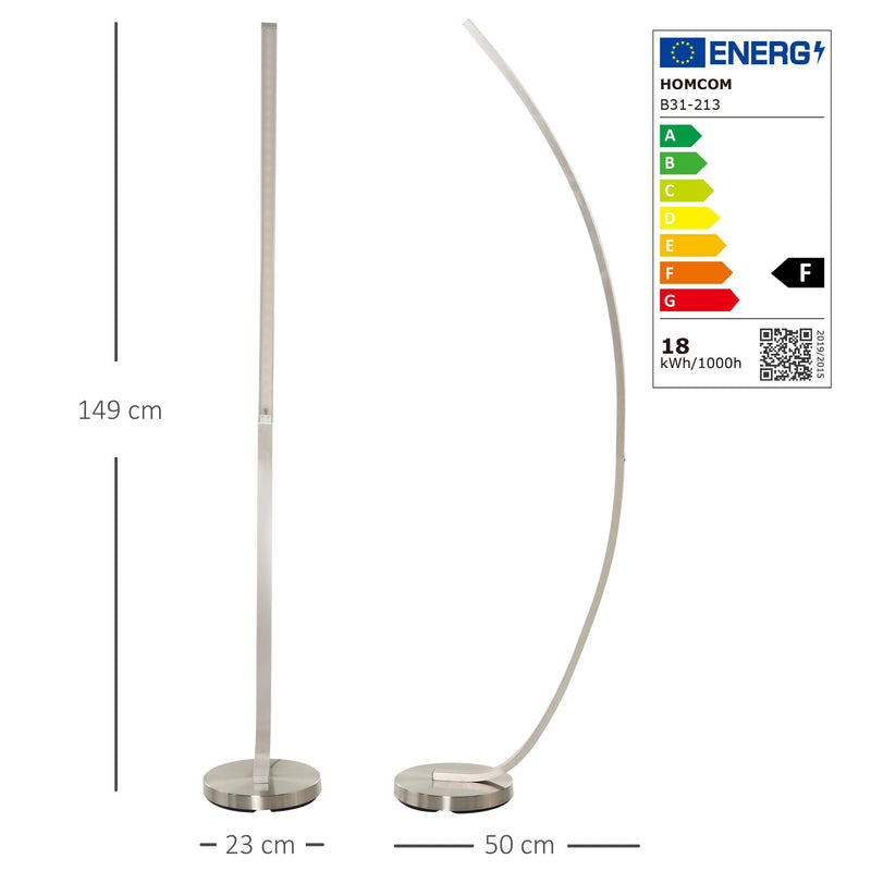 HOMCOM Aluminium Arc Floor Lamp, Futuristic Indoor Standing LED Light Home Ambience w/ Round Base Foot Switch, Living Room Bedroom Office Lounge, Silver Tone Lamp Switch