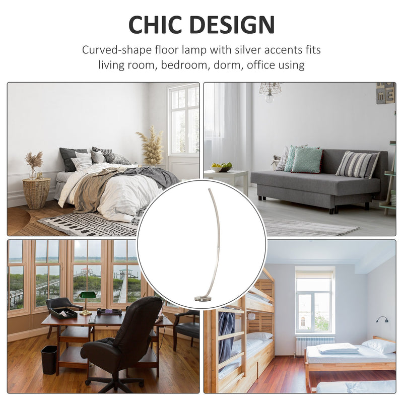 HOMCOM Aluminium Arc Floor Lamp, Futuristic Indoor Standing LED Light Home Ambience w/ Round Base Foot Switch, Living Room Bedroom Office Lounge, Silver Tone Lamp Switch