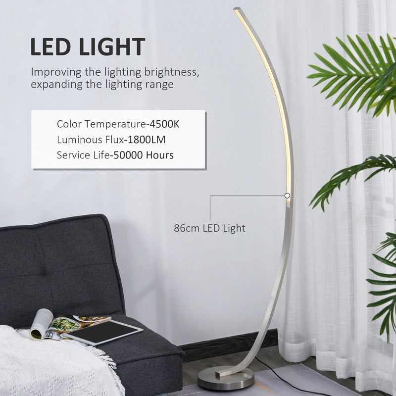 HOMCOM Aluminium Arc Floor Lamp, Futuristic Indoor Standing LED Light Home Ambience w/ Round Base Foot Switch, Living Room Bedroom Office Lounge, Silver Tone Lamp Switch