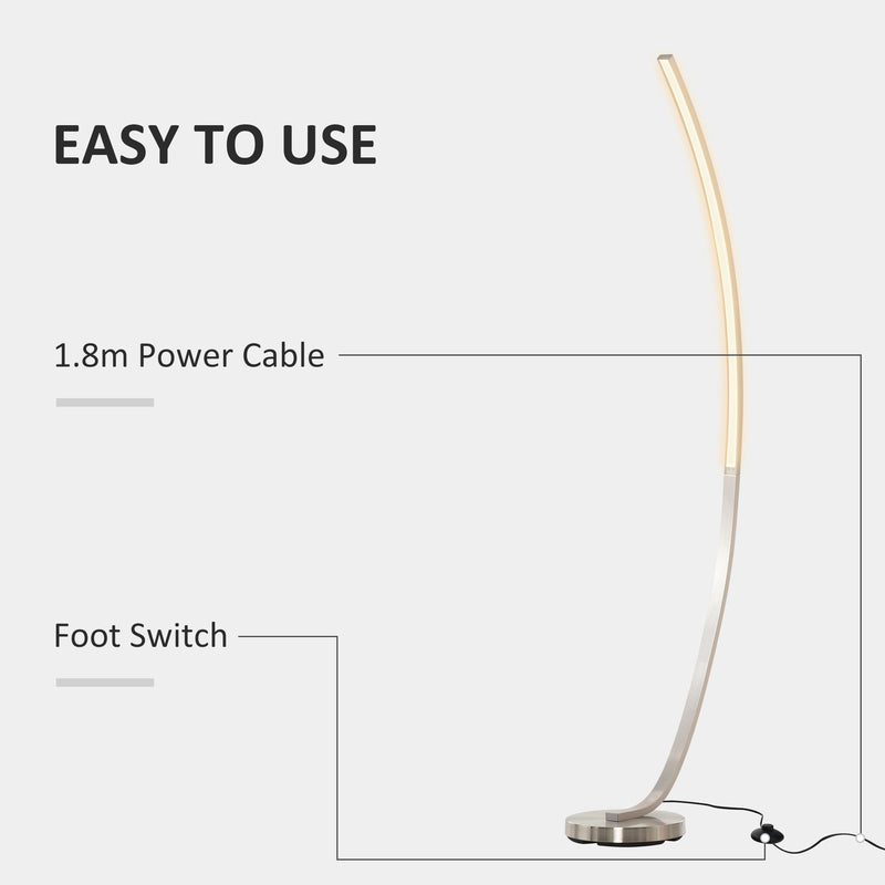 HOMCOM Aluminium Arc Floor Lamp, Futuristic Indoor Standing LED Light Home Ambience w/ Round Base Foot Switch, Living Room Bedroom Office Lounge, Silver Tone Lamp Switch