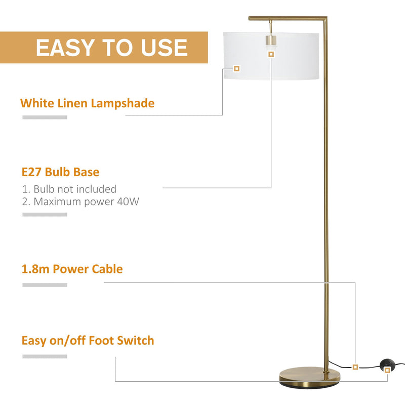 HOMCOM Floor Lamp, Modern Standing Light with Linen Lampshade, Round Base for Living Room, Bedroom, Dining Room, Gold and White Lampshade Room Bedroom