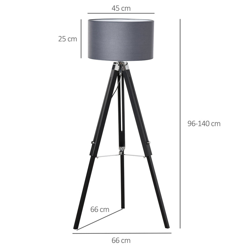 HOMCOM Modern Tripod Stand Floor Land Lamp with Wood Leg Adjustable Height Fabric Lampshade for Living Room, Bedroom, Office, Grey and Black Base