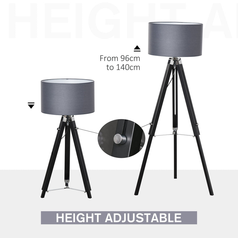 HOMCOM Modern Tripod Stand Floor Land Lamp with Wood Leg Adjustable Height Fabric Lampshade for Living Room, Bedroom, Office, Grey and Black Base