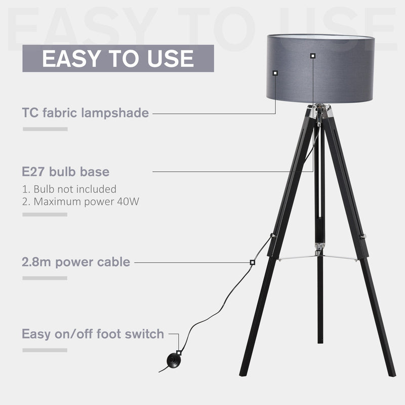 HOMCOM Modern Tripod Stand Floor Land Lamp with Wood Leg Adjustable Height Fabric Lampshade for Living Room, Bedroom, Office, Grey and Black Base