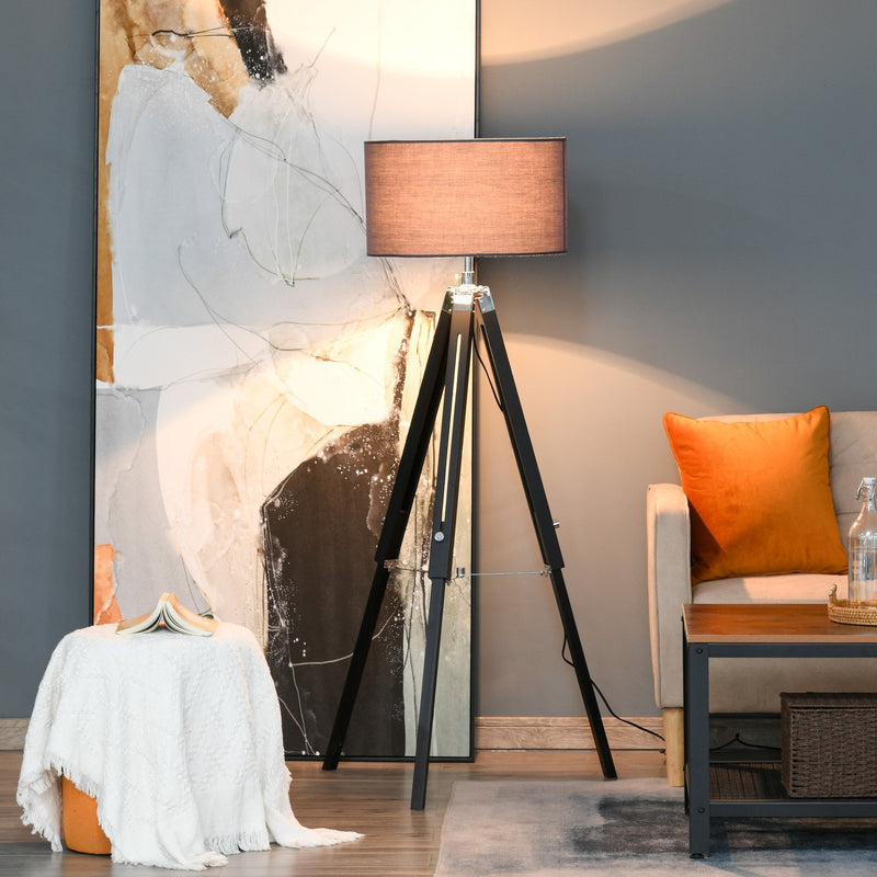HOMCOM Modern Tripod Stand Floor Land Lamp with Wood Leg Adjustable Height Fabric Lampshade for Living Room, Bedroom, Office, Grey and Black Base