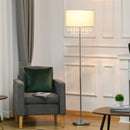HOMCOM Modern Steel Floor Lamp with Crystal Pendant Fabric Lampshade Floor Switch, for Living Room, Entrance, Office, Silver and Cream White Shade Metal Base