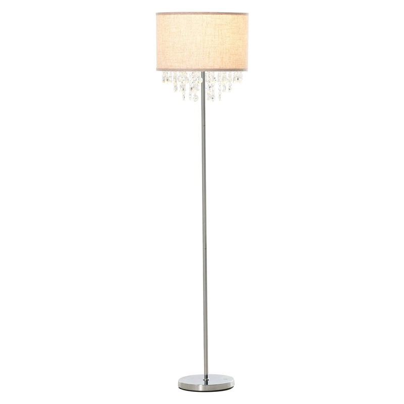 HOMCOM Modern Steel Floor Lamp with Crystal Pendant Fabric Lampshade Floor Switch, for Living Room, Entrance, Office, Silver and Cream White Shade Metal Base