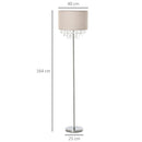 HOMCOM Modern Steel Floor Lamp with Crystal Pendant Fabric Lampshade Floor Switch, for Living Room, Entrance, Office, Silver and Cream White Shade Metal Base