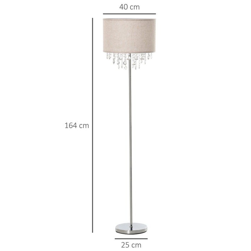 HOMCOM Modern Steel Floor Lamp with Crystal Pendant Fabric Lampshade Floor Switch, for Living Room, Entrance, Office, Silver and Cream White Shade Metal Base