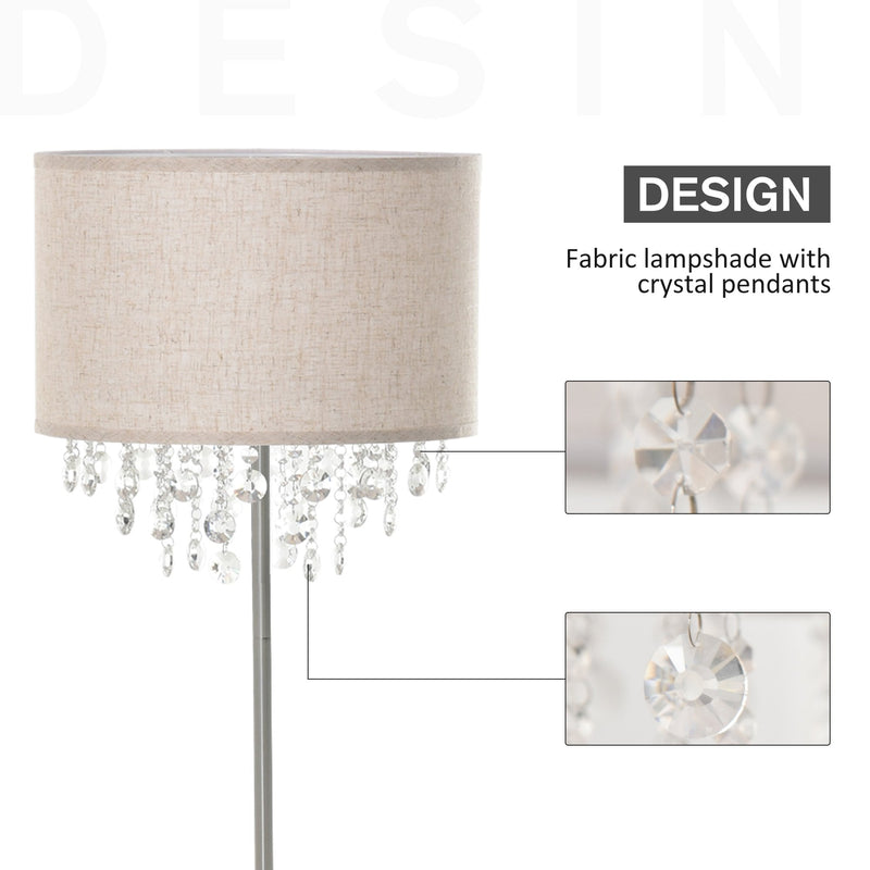 HOMCOM Modern Steel Floor Lamp with Crystal Pendant Fabric Lampshade Floor Switch, for Living Room, Entrance, Office, Silver and Cream White Shade Metal Base