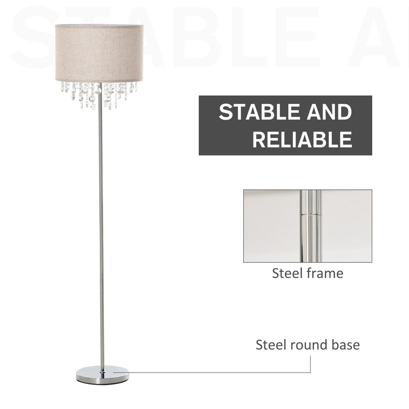 HOMCOM Modern Steel Floor Lamp with Crystal Pendant Fabric Lampshade Floor Switch, for Living Room, Entrance, Office, Silver and Cream White Shade Metal Base