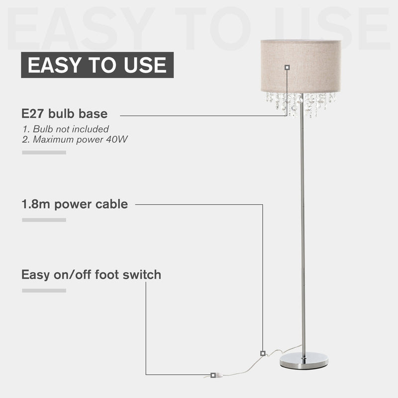 HOMCOM Modern Steel Floor Lamp with Crystal Pendant Fabric Lampshade Floor Switch, for Living Room, Entrance, Office, Silver and Cream White Shade Metal Base