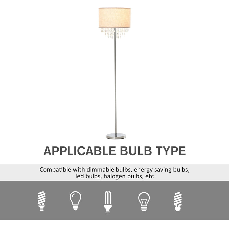 HOMCOM Modern Steel Floor Lamp with Crystal Pendant Fabric Lampshade Floor Switch, for Living Room, Entrance, Office, Silver and Cream White Shade Metal Base