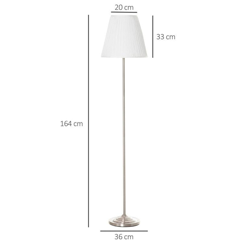HOMCOM Modern Steel Floor Lamp with Pleated Fabric Lampshade Floor Switch, Home Style Standing Light for Living Room, Bedroom, Office, White and Silver Office