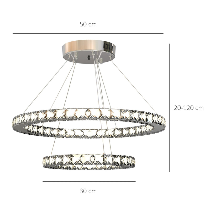 HOMCOM Modern LED Chandelier with 2 Crystal Rings, Dimmable Pendent Ceiling Light Cool Warm White with Adjustable Cable Remote Controller for Living Room, Dining Room, Bedroom, Silver Flexible
