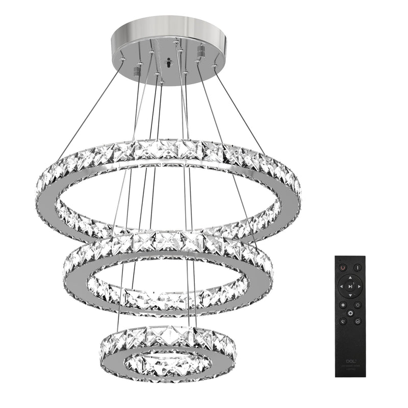 HOMCOM Modern LED Chandelier with 3 Crystal Rings - Silver