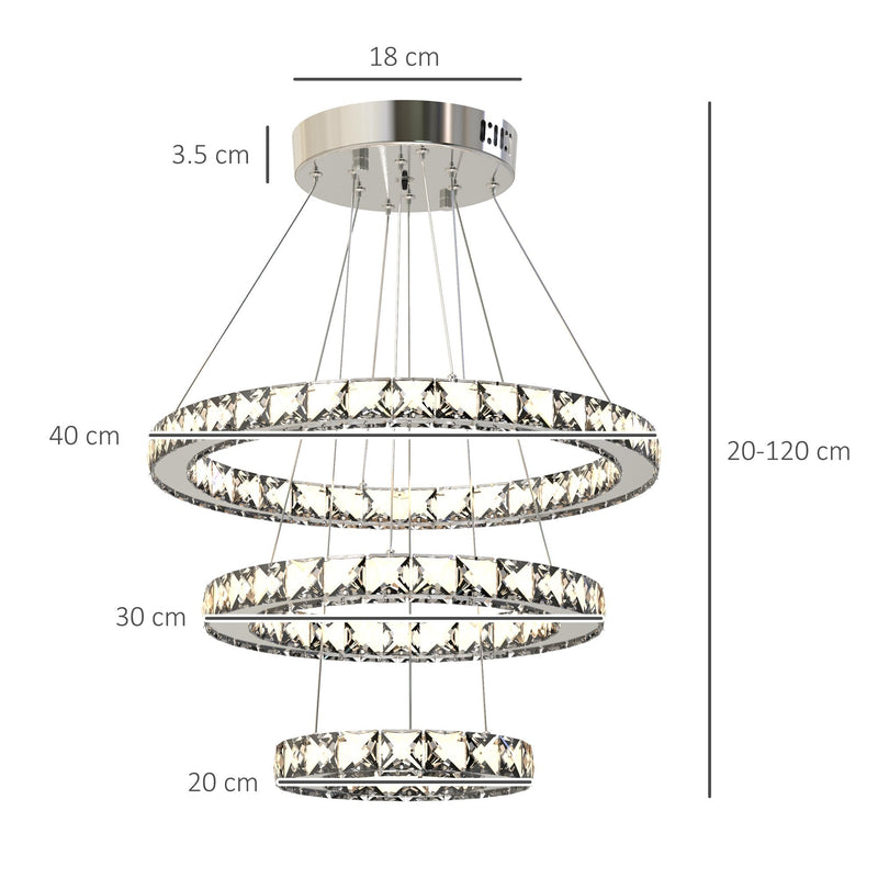 HOMCOM Modern LED Chandelier with 3 Crystal Rings - Silver