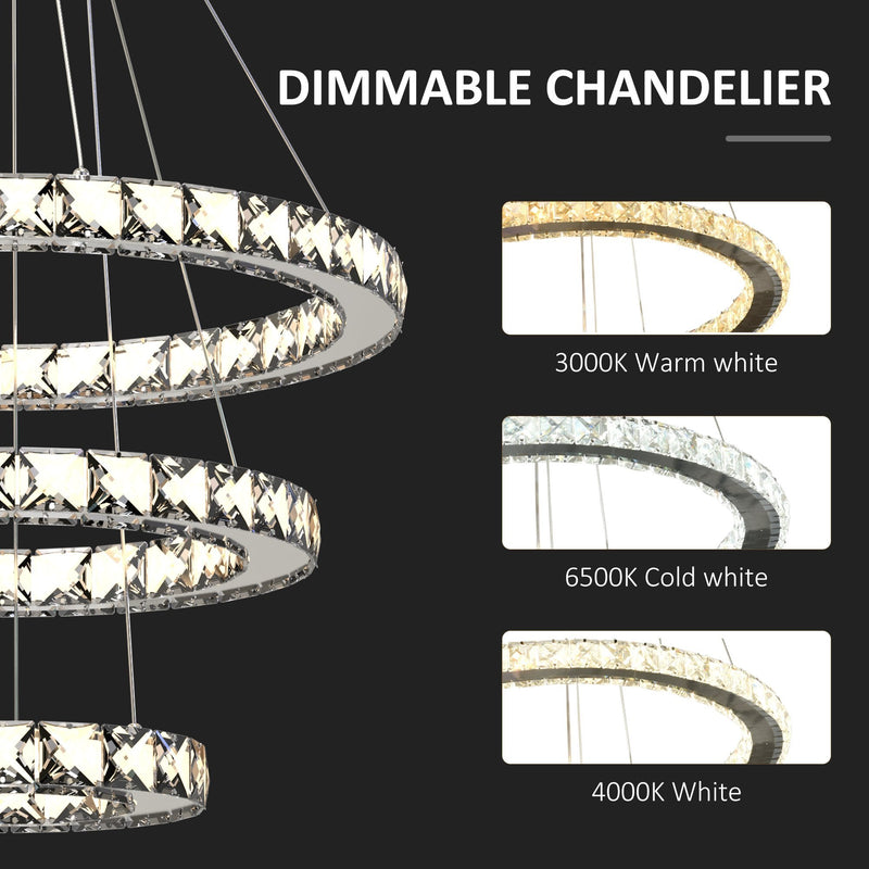 HOMCOM Modern LED Chandelier with 3 Crystal Rings - Silver