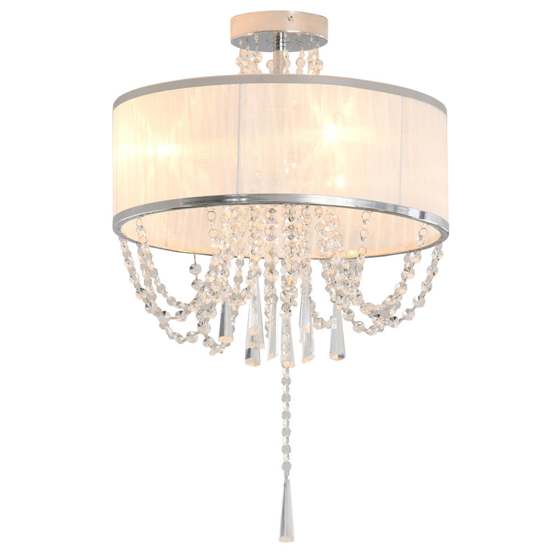 HOMCOM Elegant Metal Ceiling Light Chandelier with Pleated Fabric Lampshade, Decorative Crystal Pendants, for Living Room, Dining Room, Bedroom, White Steel Base