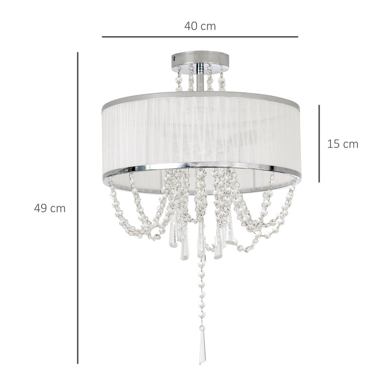 HOMCOM Elegant Metal Ceiling Light Chandelier with Pleated Fabric Lampshade, Decorative Crystal Pendants, for Living Room, Dining Room, Bedroom, White Steel Base
