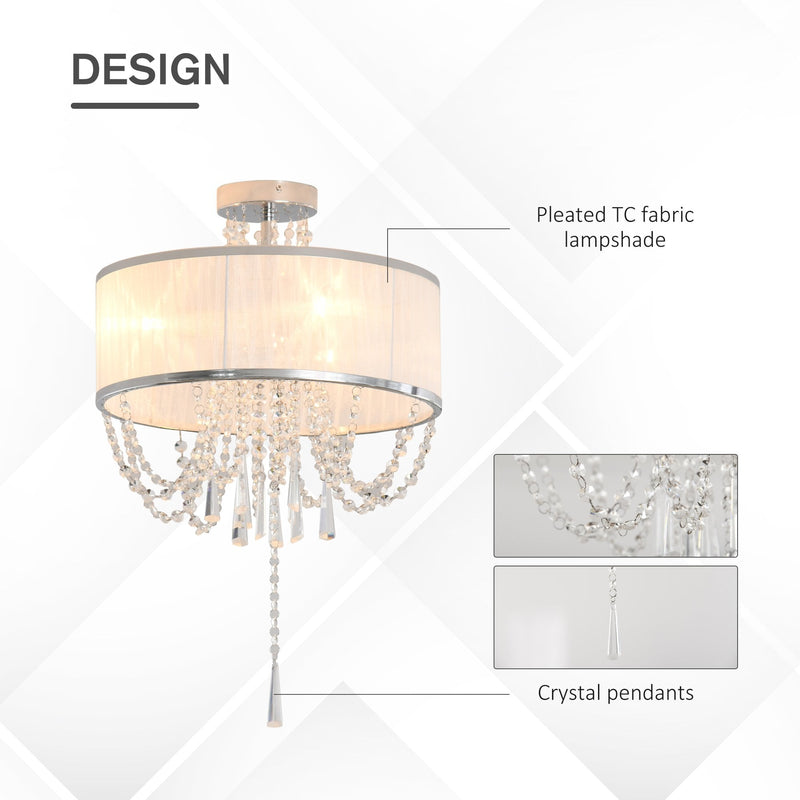 HOMCOM Elegant Metal Ceiling Light Chandelier with Pleated Fabric Lampshade, Decorative Crystal Pendants, for Living Room, Dining Room, Bedroom, White Steel Base