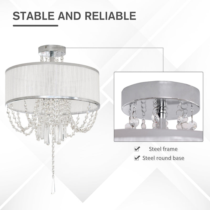 HOMCOM Elegant Metal Ceiling Light Chandelier with Pleated Fabric Lampshade, Decorative Crystal Pendants, for Living Room, Dining Room, Bedroom, White Steel Base