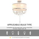 HOMCOM Elegant Metal Ceiling Light Chandelier with Pleated Fabric Lampshade, Decorative Crystal Pendants, for Living Room, Dining Room, Bedroom, White Steel Base
