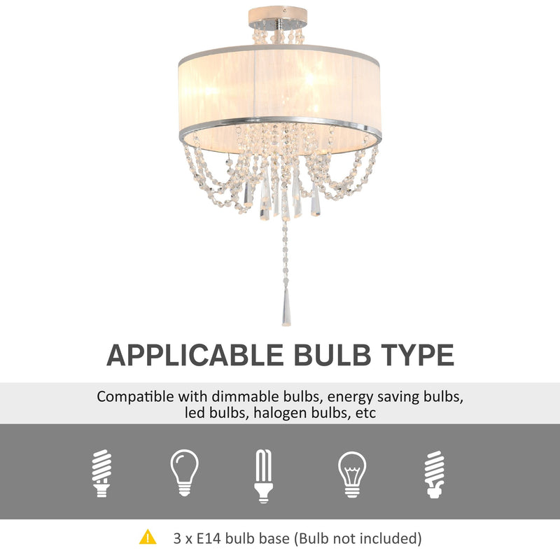 HOMCOM Elegant Metal Ceiling Light Chandelier with Pleated Fabric Lampshade, Decorative Crystal Pendants, for Living Room, Dining Room, Bedroom, White Steel Base