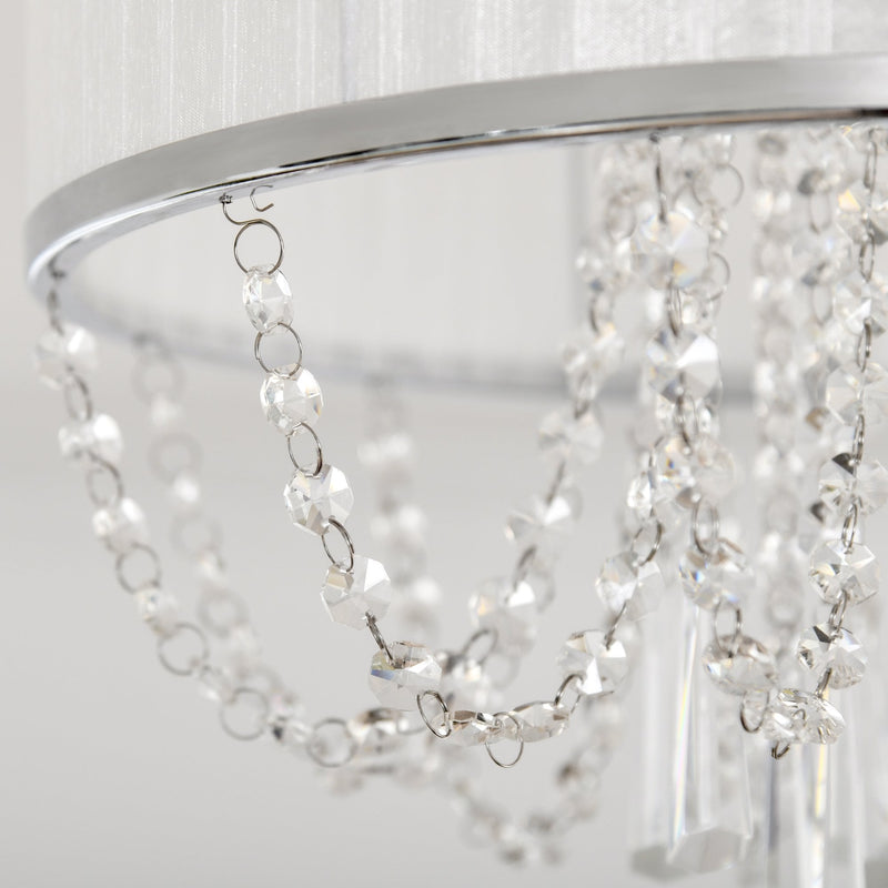 HOMCOM Elegant Metal Ceiling Light Chandelier with Pleated Fabric Lampshade, Decorative Crystal Pendants, for Living Room, Dining Room, Bedroom, White Steel Base