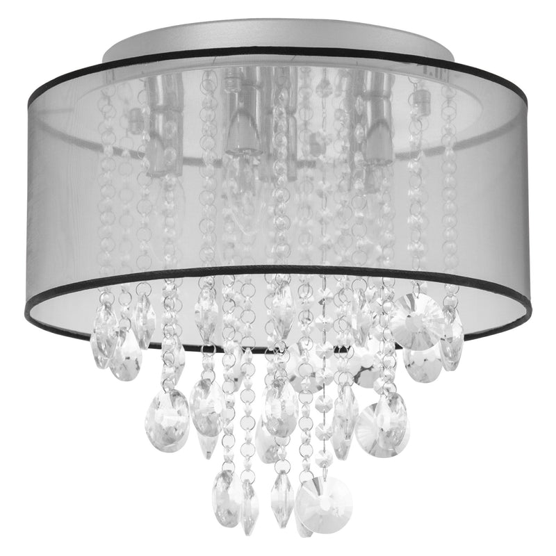 HOMCOM Modern Crystal Chandelier Flush Mount LED Ceiling Light with Drum Shade for Living Room Bedroom Dining Room Silver w/