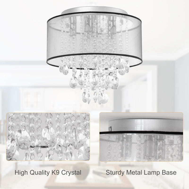 HOMCOM Modern Crystal Chandelier Flush Mount LED Ceiling Light with Drum Shade for Living Room Bedroom Dining Room Silver w/