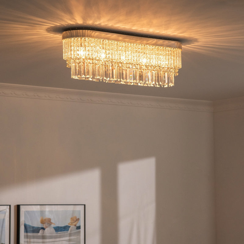 Siljoy Modern Crystal Chandelier - 6-Light Rectangle Flush Mount Ceiling Fixture With K9 Crystals (31.5" L X 10" W)